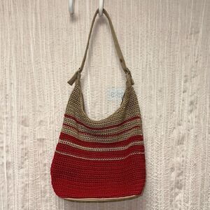 Red Tan Macrame Crochet Hobo Bag Purse